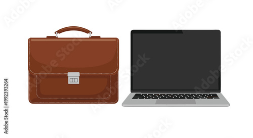 A professional brown leather briefcase with a metallic latch sits beside a sleek silver laptop computer on a clean white surface in bright light.