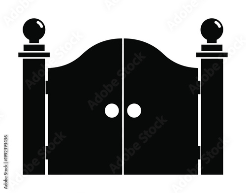 Vector of a double gate with spherical finials and decorative hinges