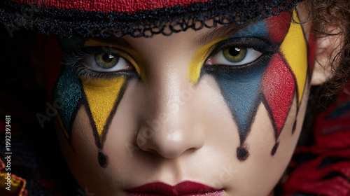 High-fashion female clown makeup with vibrant patterns and red nose close-up