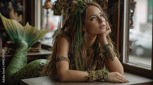 Portrait of a mystical mermaid daydreaming by a window in a vintage interior