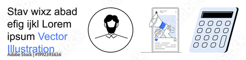Digital communication, online marketing, personal identity, financial management, promotional campaigns, data assessment. User profile, digital ad and calculator visuals. Digital communication