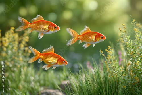 Fantasy image of golden fish floating above grass in a dreamy summer field
