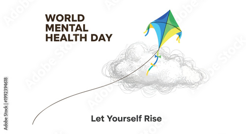 Mental Health Awareness Kite, World Mental Health Day, Cloud, Let Yourself Rise, Vector Illustration