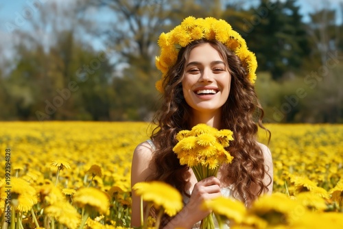 Woman Smiles While Holding Flowers in a Field of Dandelions on a Sunny Day
