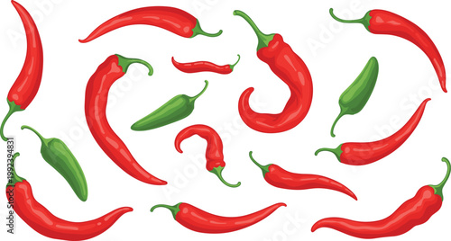Red and green chili pepper vector set with different shapes and positions, spicy food ingredient collection, hot vegetable illustration isolated on background