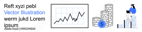 Finance, business success, investment strategies, economic growth, statistics, market trends. A graph with rising line, stacked coins person with laptop. Finance and business success concept