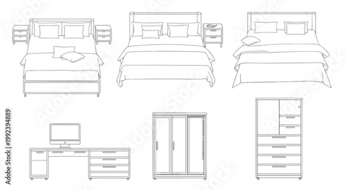 Bedroom furniture line including beds nightstands desk wardrobe and chest of drawers line bed computer