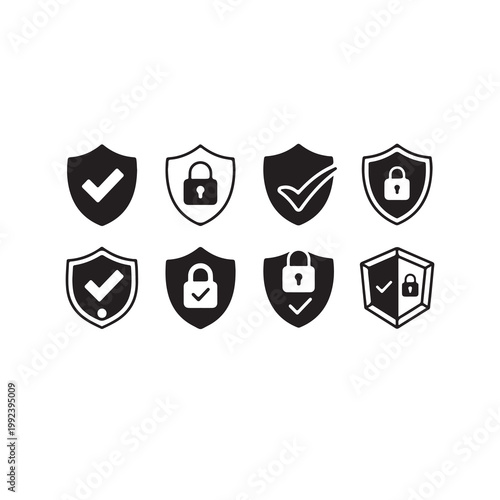 Cybersecurity shield icons set, solid black security badges with lock and checkmark symbols, flat vector design.