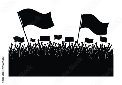 Vector of a large crowd of people holding signs and waving flags in a protest or rally