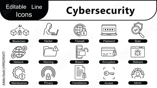 Cybersecurity editable line icon set. Data Protection, Phishing Attack, Firewall, AI Security, Blockchain Security, Network Security, Online Privacy icons. Vector illustration