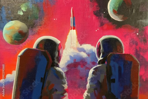 Two Astronauts Watch a Rocket Launch Against a Colorful Cosmic Background Filled With Planets