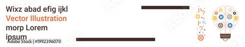 Creativity, problem solving, brainstorming, innovation, intellectual ideas, curiosity. A lightbulb design with colorful gears and icons and question marks. Creativity and problem-solving concepts