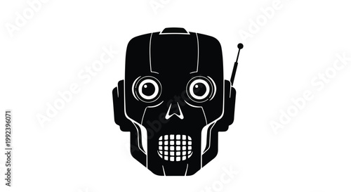 Robot head with futuristic design and antenna on white background, cybernetic face with grid mouth and large eyes, sci-fi concept