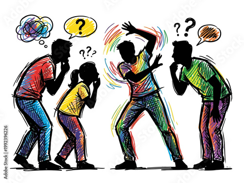 Family playing charades with colorful abstract lines and question marks