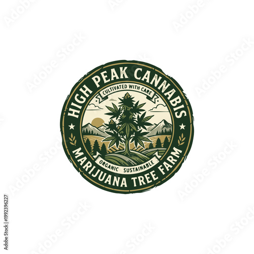 High Peak Cannabis Marijuana Tree Farm Vintage Logo Design.