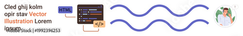 Web development, programming education, user interaction, data visualization, coding tools, technology concepts. ion of code, waves and a profile. Web development and programming education concept