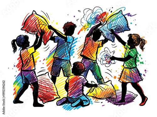 Children's energetic pillow fight with colorful scribbled pillows