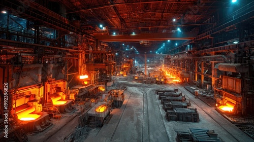 Industrial steel mill with glowing molten metal furnaces inside