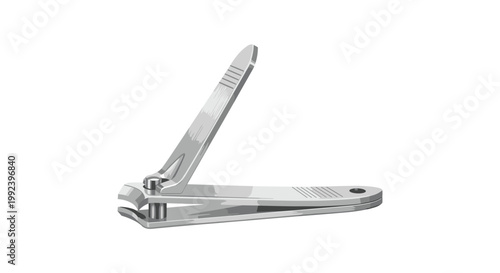 A sharp and shiny stainless steel nail clipper stands in an open configuration on a clean white surface under bright studio lighting conditions with soft shadows.