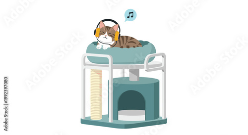 A cute tabby cat wearing yellow headphones rests peacefully on a plush teal cat tree bed against a minimalist white studio background in a horizontal view.