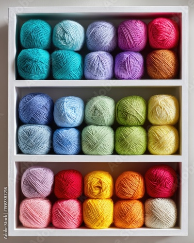 Balls of yarn neatly arranged in white shelf organizer