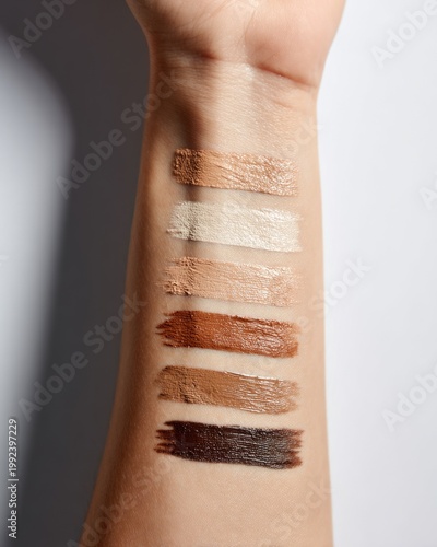 Forearm showing makeup swatches of foundation shades on skin