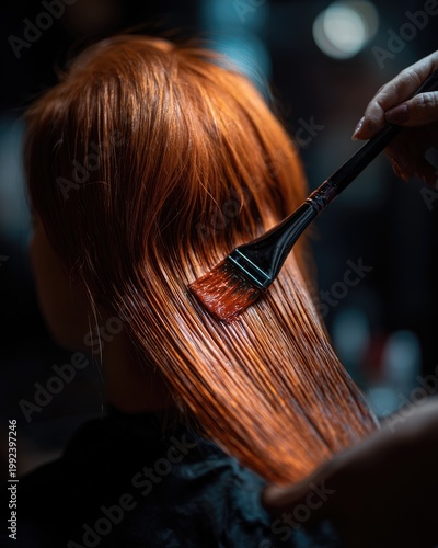 Hair being painted with dye brush on wet red hair strands