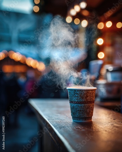 Paper cup steaming on wooden counter at outdoor market