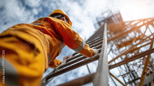 Construction worker climbing ladder on scaffolding outdoors