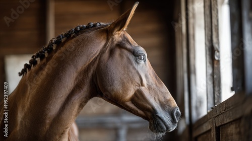 Brown horse looking out stable window in barn interior