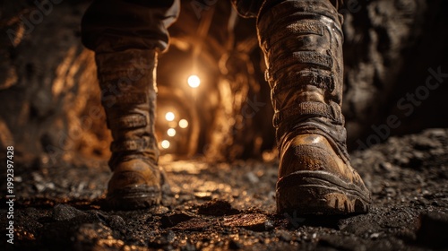 Work boots walking through illuminated underground tunnel