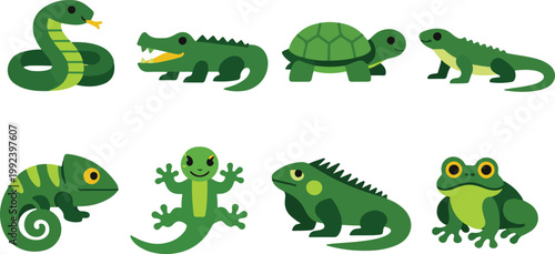Cute Green Reptile and Amphibian Character Set, Vector Illustration