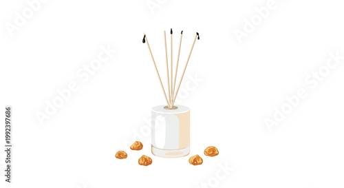 A minimalist white reed diffuser with wooden scent sticks and scattered amber resin pieces sits elegantly on a clean and bright white background under soft light.