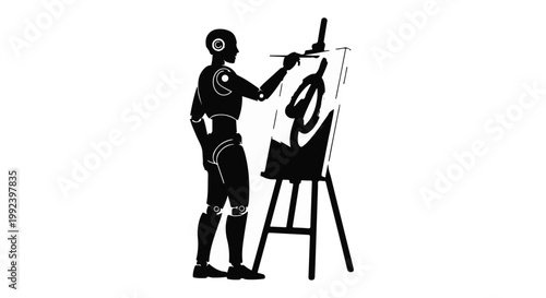 Humanoid robot silhouette painting on an easel silhouette