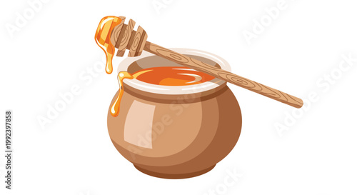 A traditional brown earthenware honey pot is filled with golden liquid while a wooden honey dipper rests across the top with sweet drips on white.