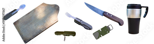 A camping set including cutlery, knives, a bottle opener and a wooden chopping board.Utensils for a day outdoors.