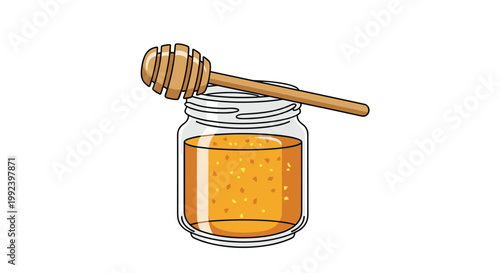 A clear glass jar filled with raw honey and honeycomb particles features a wooden dipper resting on its rim against a clean white studio background.