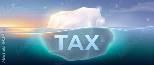 An illustration of an iceberg with the word TAX written on the submerged portion beneath the surface of the ocean at sunset