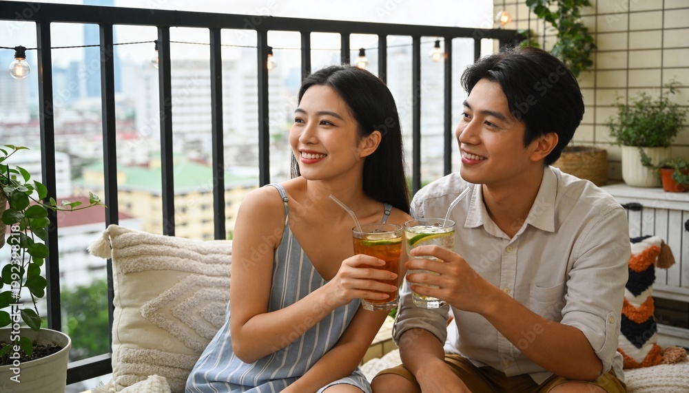 Obraz premium Young Asian couple toasting with iced drinks on an urban balcony. Happy man and woman enjoying summer refreshment at home. City skyline view and leisure lifestyle concept