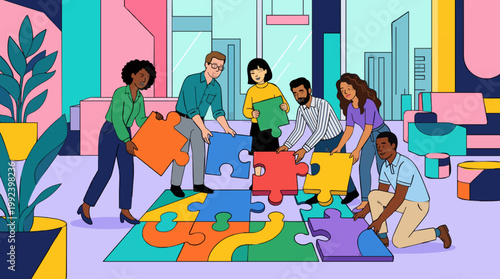 Diverse group teamwork puzzle solving in bright space.