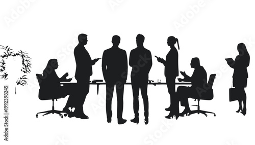 Businesspeople gather around a conference table to discuss corporate strategies in a professional setting.