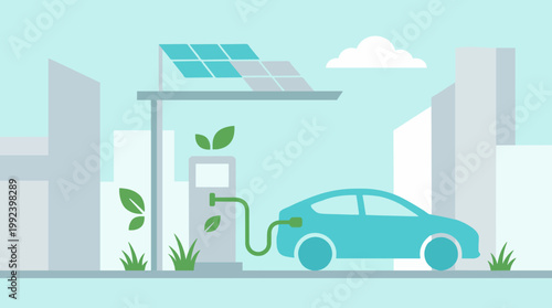 Electric car charging in urban eco friendly station.