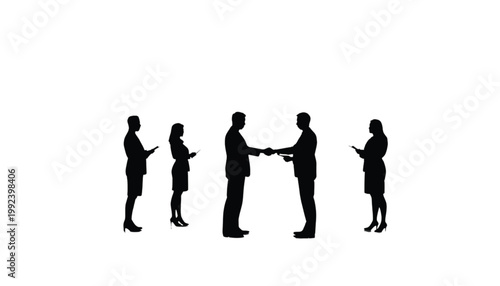 Businesspeople stand in a line while two colleagues shake hands to finalize a professional agreement.