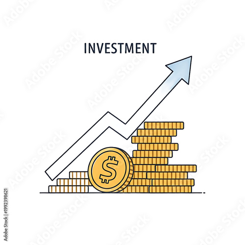 Golden coins with growing investment graph.