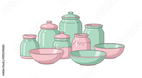 A collection of pastel pink and mint green ceramic kitchen canisters and bowls is arranged in a group against a minimalist white background setting.