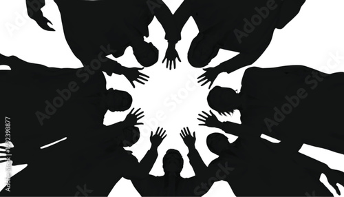 Hands reach toward the center of a circle to symbolize collaboration and a unified group effort.