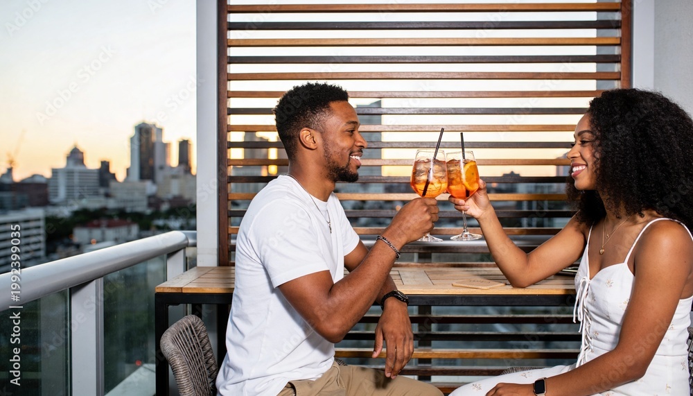 Obraz premium Young Black couple toasting with cocktails on a balcony at sunset. Romantic date night with city skyline view. Man and woman celebrating with orange drinks on a rooftop terrace