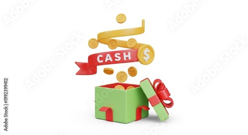 Open green gift box with golden coins floating and red cash ribbon banner. Concept of financial reward, bonus, winning prize or cashback return. 3D render illustration for holiday sale.