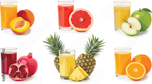 Fresh fruit juice vector set with orange, pineapple, pomegranate, peach, apple and grapefruit drinks, healthy beverage collection in realistic style illustration bundle