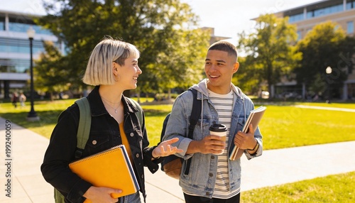 Two college students walking and talking on a sunny university campus. Young man and woman with backpacks and notebooks having a conversation outdoors. Student life and education concept